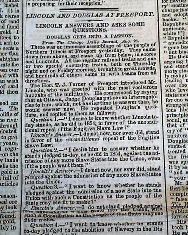 Rare Abraham Stephen Lincoln Douglas Debates #2 Freeport Illinois 1858 Newspaper Rare Abraham Stephen Lincoln Douglas Debates #2 Freeport Illinois 1858 Newspaper