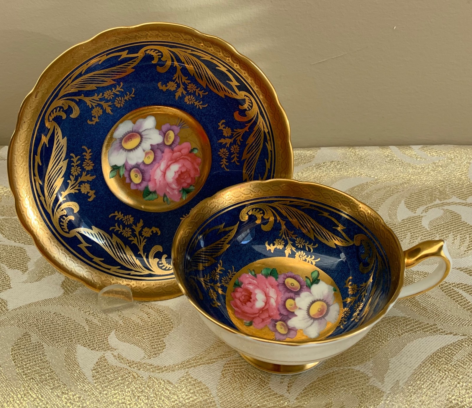 Paragon Rare Pattern Lavish Gold, Blue, Pink Cabbage Rose & Floral Cup & Saucer