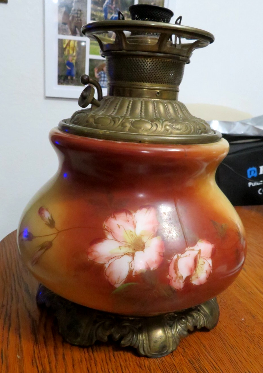 Antique 1888’s Victorian GWTW  Lamp Base Hand Painted Floral Kerosene Oil Lamp