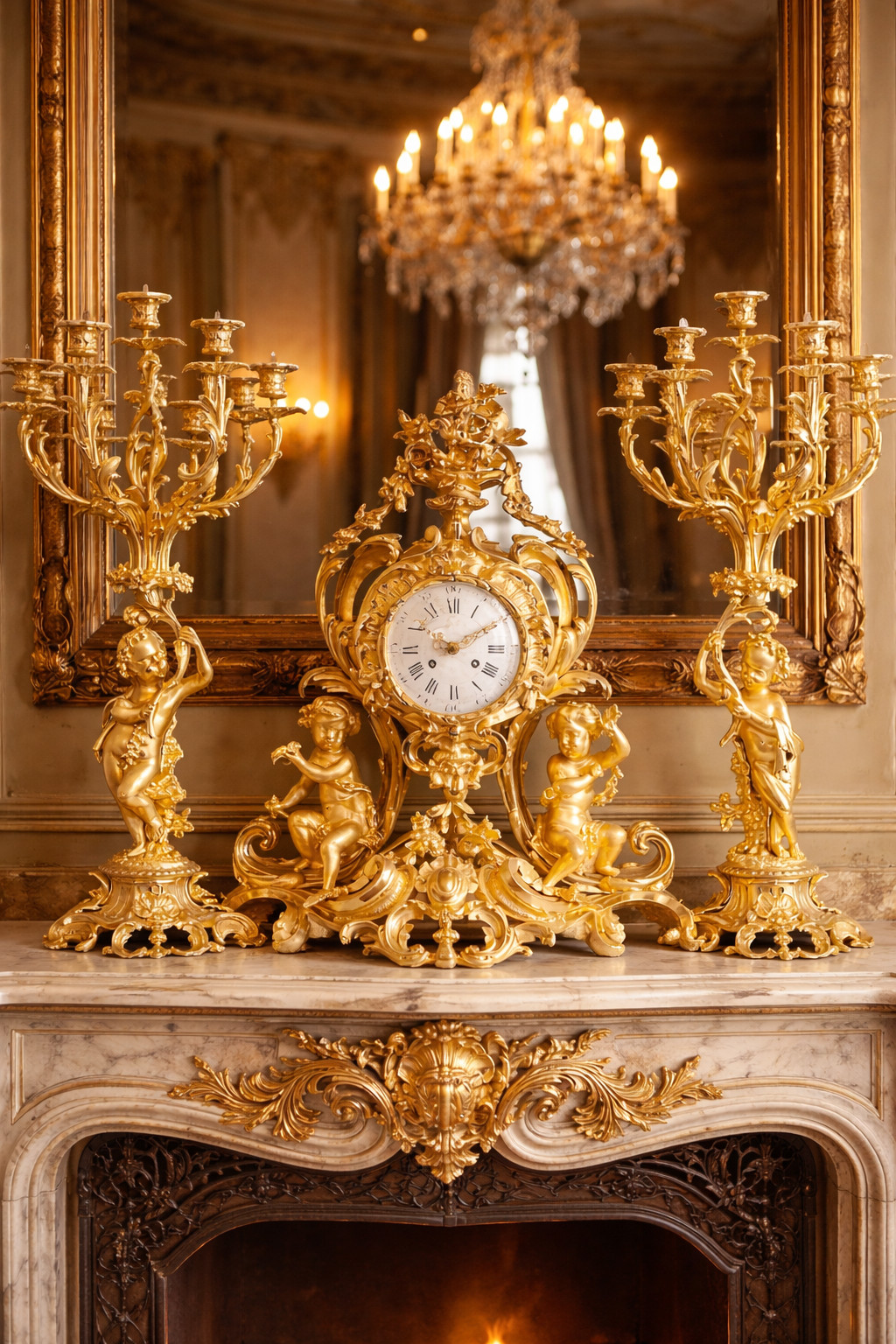 Clock French Louis XV Bronze Ormolu Clock Candelabras 19th Century Set 3 Pcs