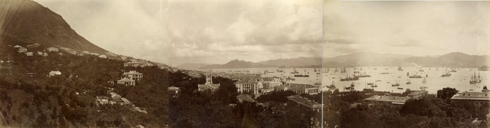 VERY RARE CHINA HONG KONG 3-PART PANORAMA ALBUMEN PHOTOGRAPH 1880'S 