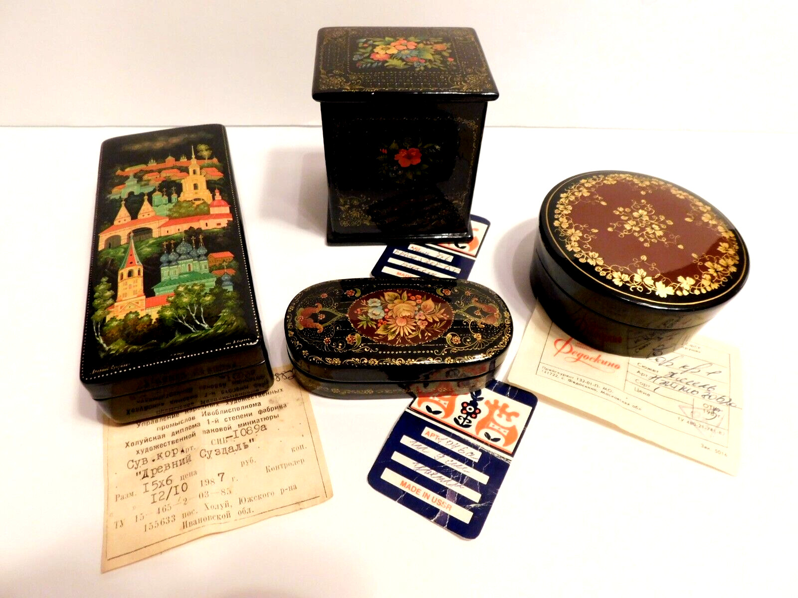 Group Of 4 U.S.S.R. Lacquer Boxes Ca. 1980's, With Papers, 1 Original Owner