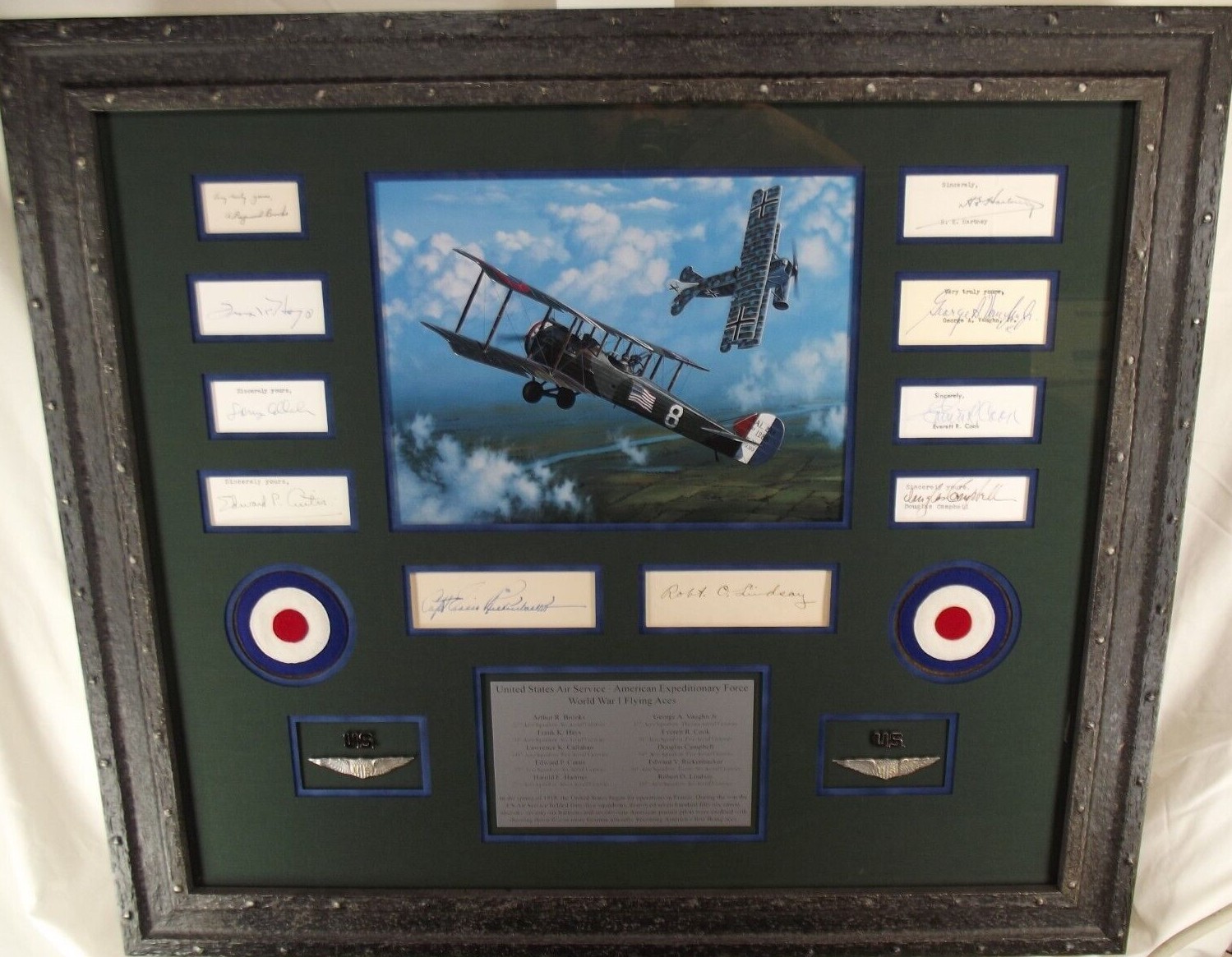 World War 1 U.S Fighter Aces Autograph Framed Display [10] Prominent Pilots