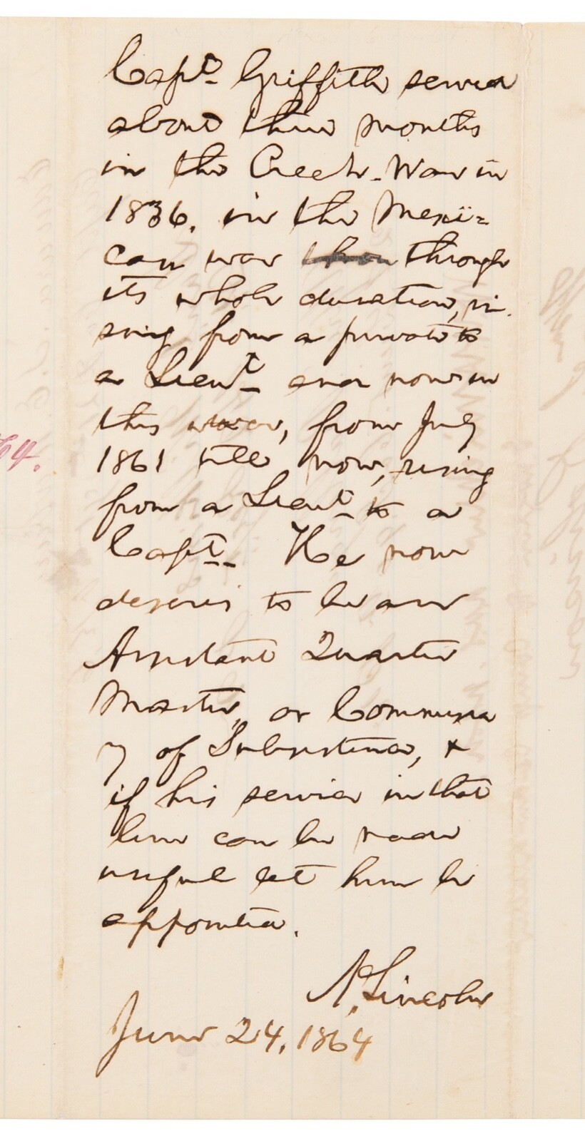 Abraham Lincoln Autograph Endorsement Signed as President Promoting Wounded Capt