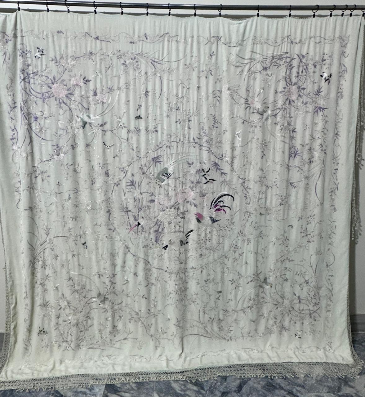 Antique Menton De Manila Silk Ivory Ground Multi Embroidery Piano Bed Spread Bed Antique Menton De Manila Silk Ivory Ground Multi Embroidery Piano Bed Spread Bed