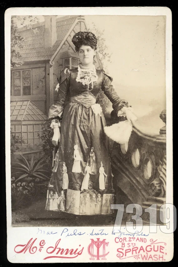ID'd Woman Paper Dolls Pinned on Dress 1880s Genealogy Fashion Banner Lady Rare