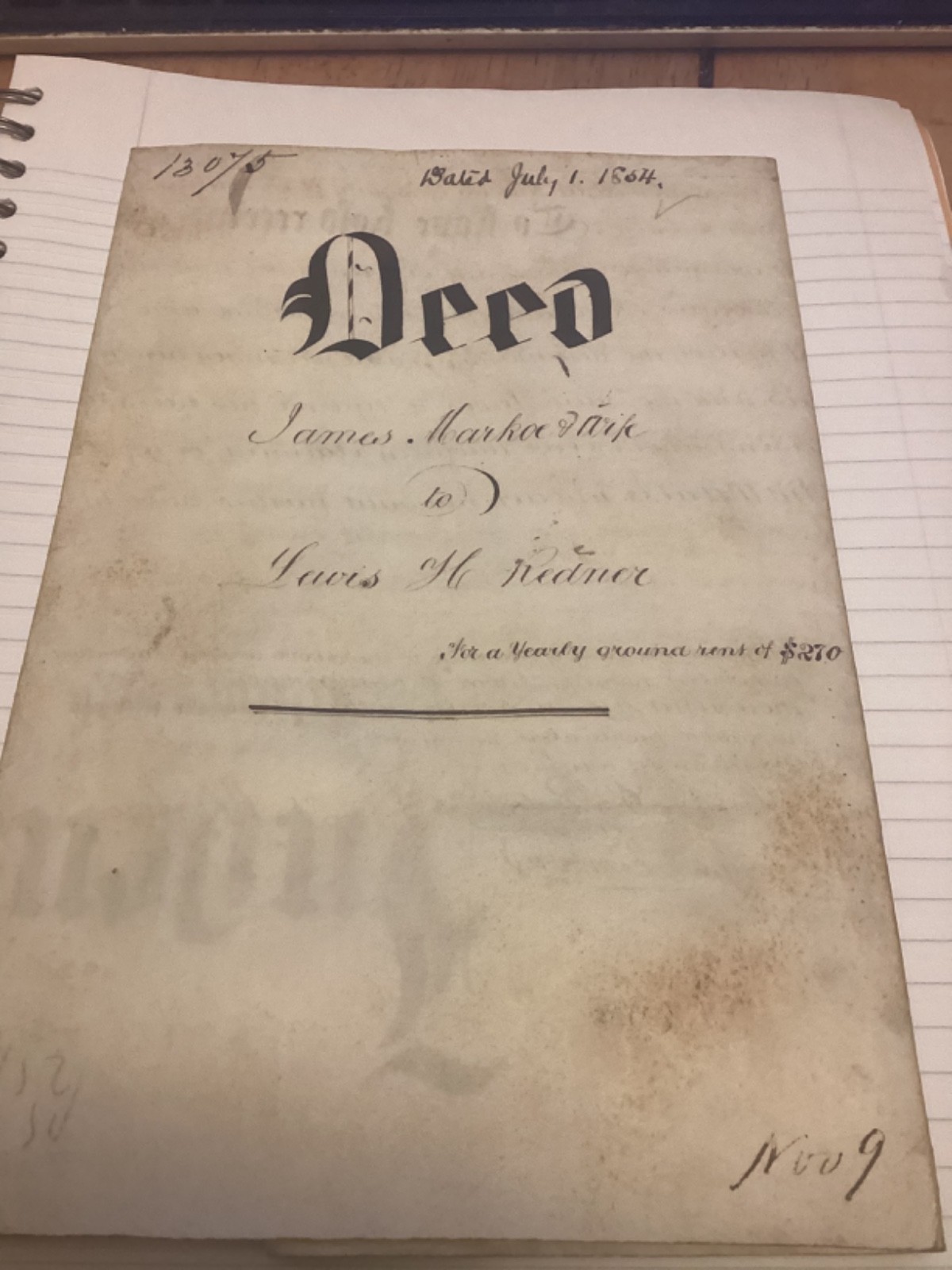orig 1854 Phila Deed for house of Lewis H Redner.Composer O Little Town Of Beth orig 1854 Phila Deed for house of Lewis H Redner.Composer O Little Town Of Beth