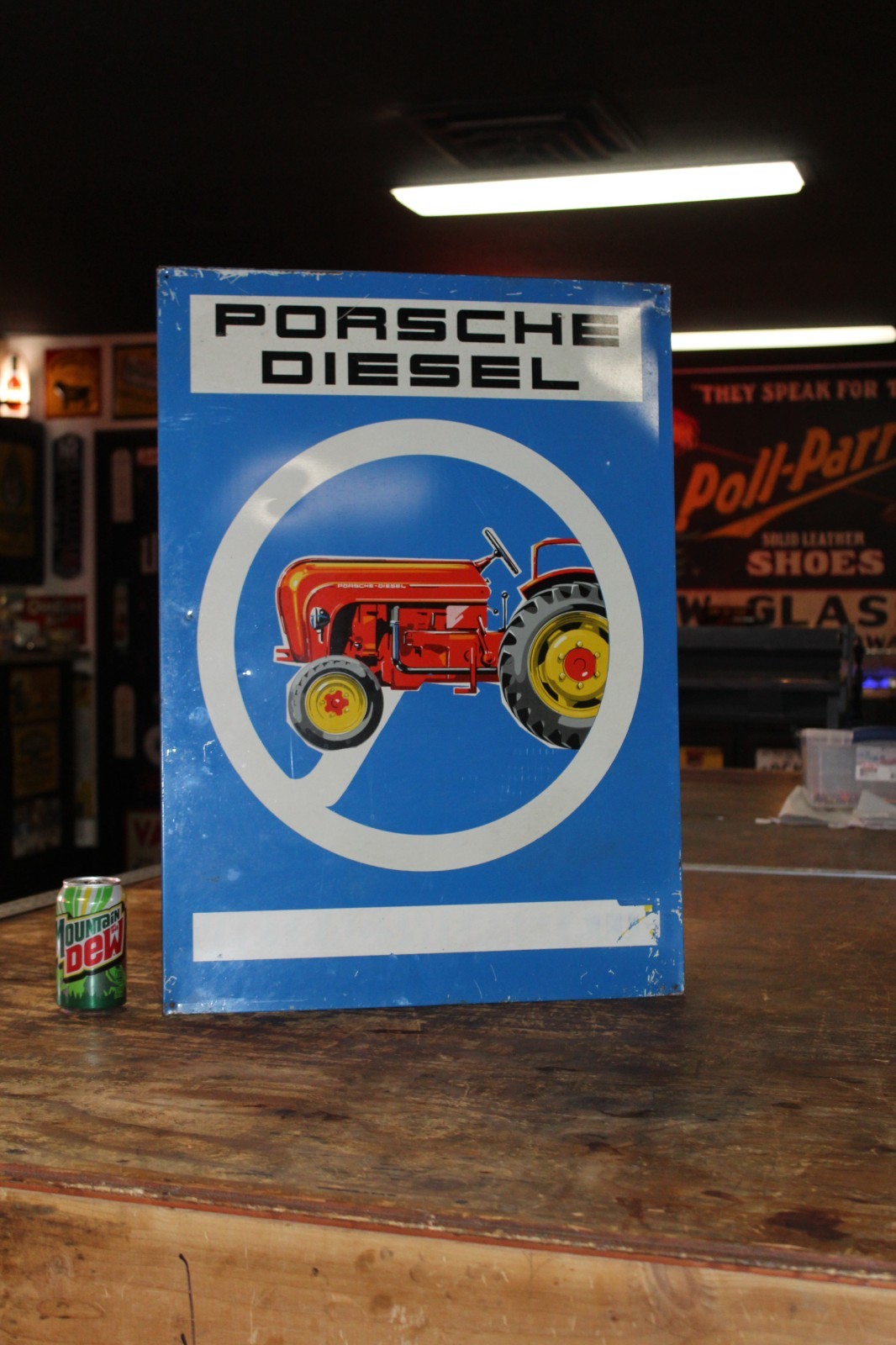 SCRACE 1950s PORSCHE DIESEL TRACTOR DEALER PAINTED METAL SIGN GAS OIL 911 DEERE SCRACE 1950s PORSCHE DIESEL TRACTOR DEALER PAINTED METAL SIGN GAS OIL 911 DEERE