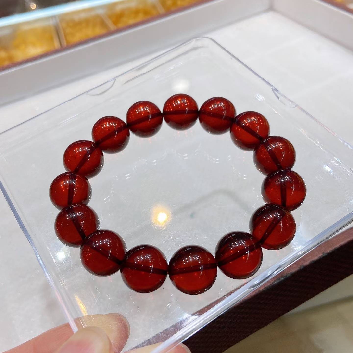 Natural Burmese Blood Amber Bracelet, 14mm, High Clarity Rich Wine Red Natural Burmese Blood Amber Bracelet, 14mm, High Clarity Rich Wine Red