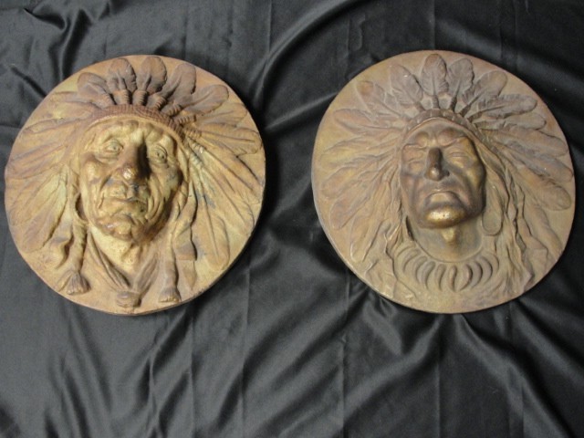 2 Late 19th Century Large Cast Iron Indian Chief Building Plaque Reliefs Rare 2 Late 19th Century Large Cast Iron Indian Chief Building Plaque Reliefs Rare
