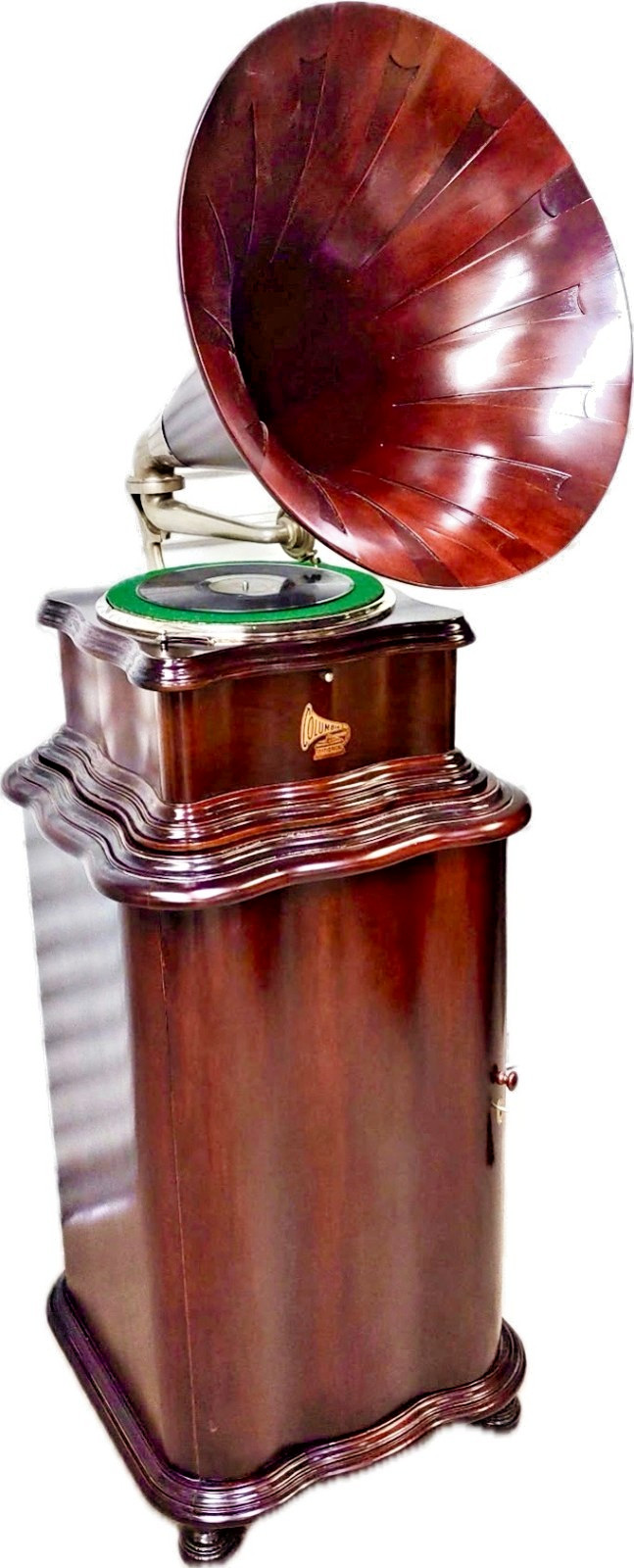 COLUMBIA BY MAHOGANY PHONOGRAPH WITH MATCHING BASE CABINET AND WOOD HORN COLUMBIA BY MAHOGANY PHONOGRAPH WITH MATCHING BASE CABINET AND WOOD HORN