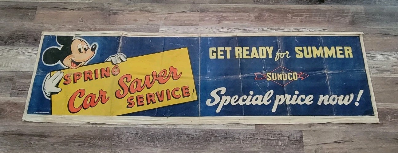 Scarce VHTF Rare Late 1930s WDP 2-Sided Mickey Mouse Sunoco Banner 92 Scarce VHTF Rare Late 1930s WDP 2-Sided Mickey Mouse Sunoco Banner 92