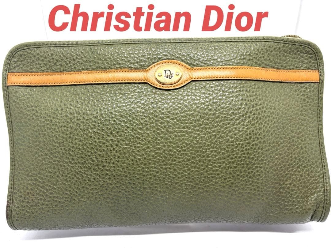 Christian Dior Clutch Bag Leather Olive Tone Plate Women's Unisex