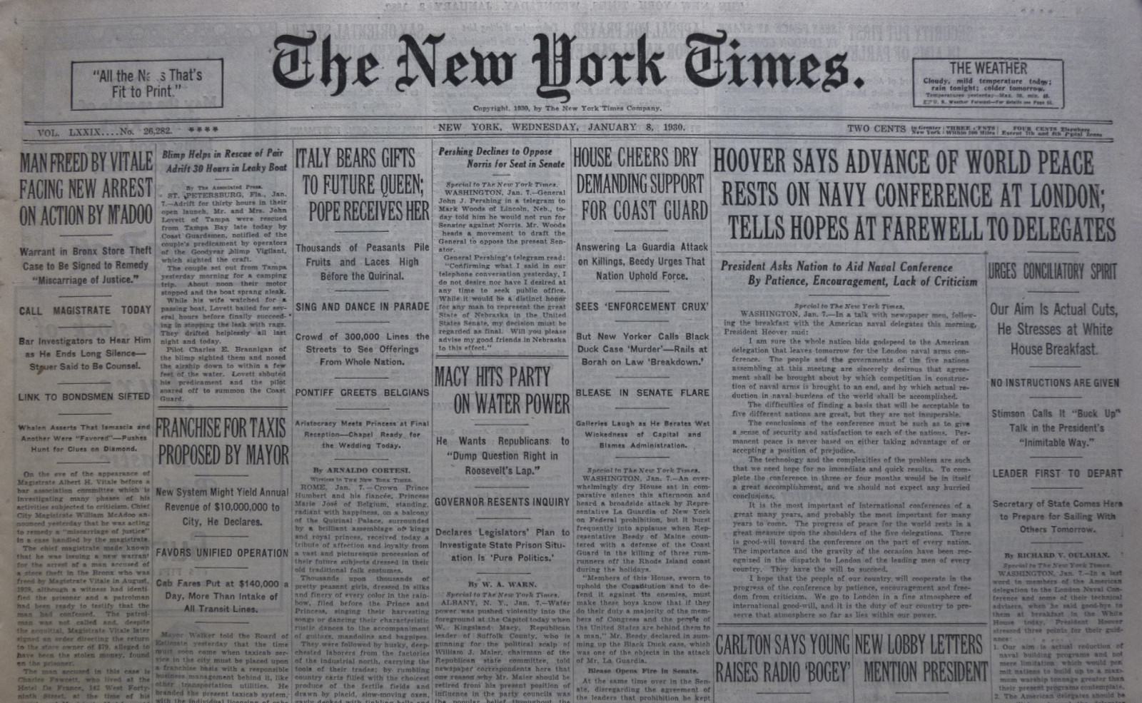 1-1930 January 8 HOOVER SAYS ADVANCE OF WORLD PEACE RESTS ON NAVY CONFERENCE