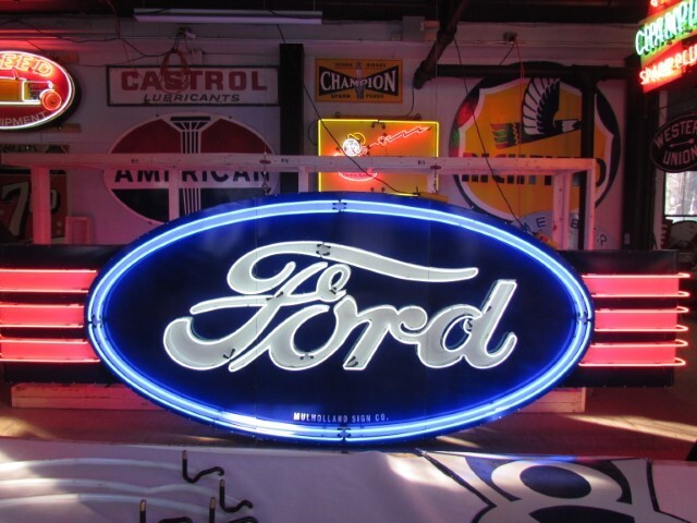 New Ford with Wings Double-Sided Porcelain Sign with Neon 16 FT W x 6 FT H