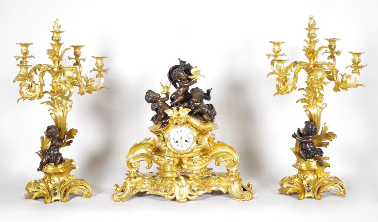 Louis XV gilt bronze mantelpiece set, signed Victor Paillard Louis XV gilt bronze mantelpiece set, signed Victor Paillard
