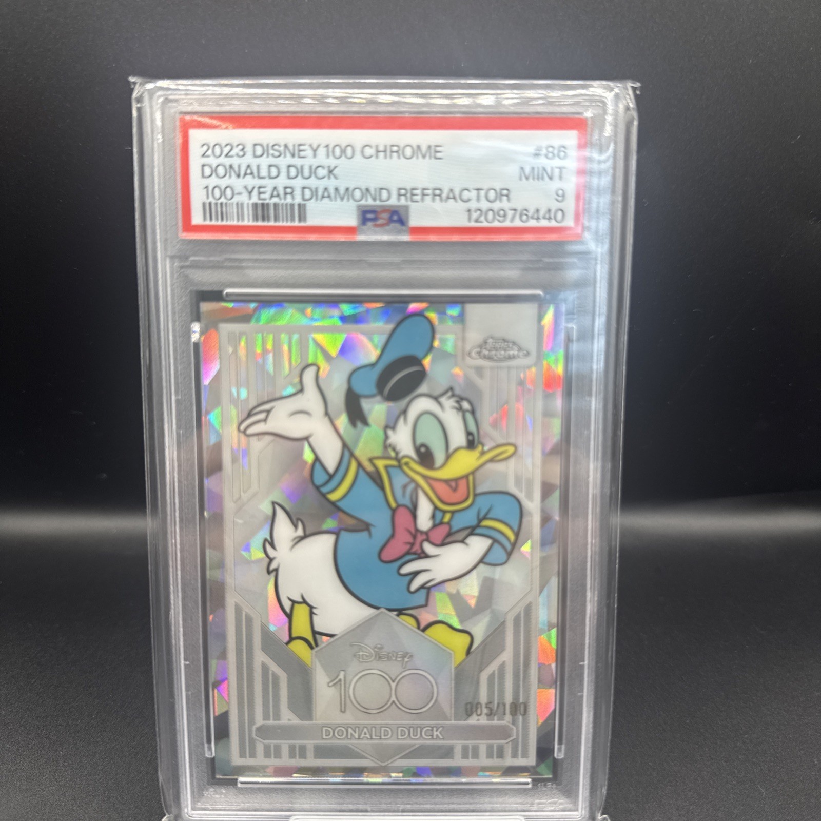 2023 Topps Disney Chrome 100 Donald Duck #86 Diamond Refractor /100 PSA 9 2023 Topps Disney Chrome 100 Donald Duck #86 Diamond Refractor /100 PSA 9