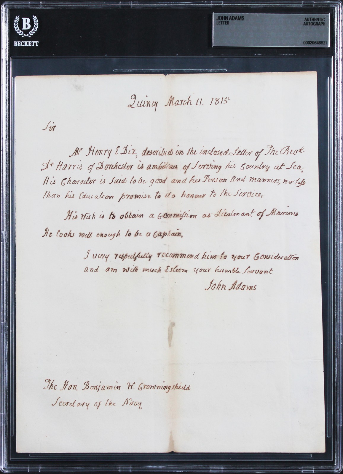 John Adams Signed 8x9.75 1815 Handwritten Recommendation Letter BAS Slabbed John Adams Signed 8x9.75 1815 Handwritten Recommendation Letter BAS Slabbed