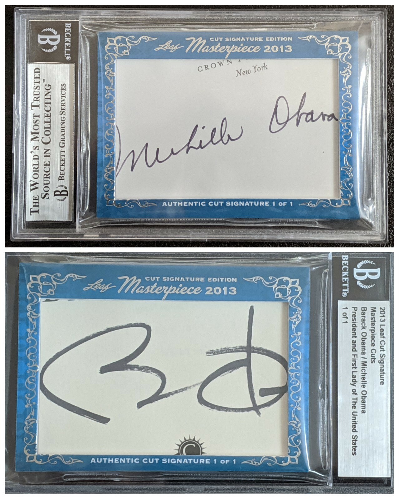 1/1 2013 Barack & Michelle Obama Dual Autograph Leaf Signatures Masterpiece Cuts