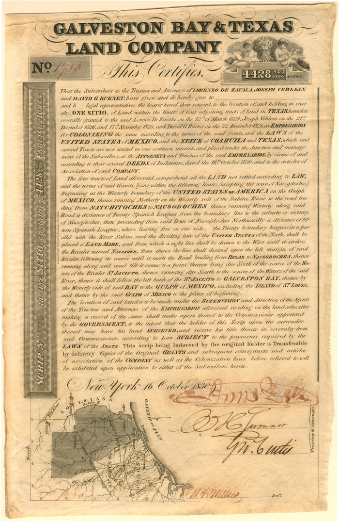 Galveston Bay and Texas Land Co. - 1830 dated Texas Bond - Texas Stocks and Bo Galveston Bay and Texas Land Co. - 1830 dated Texas Bond - Texas Stocks and Bo