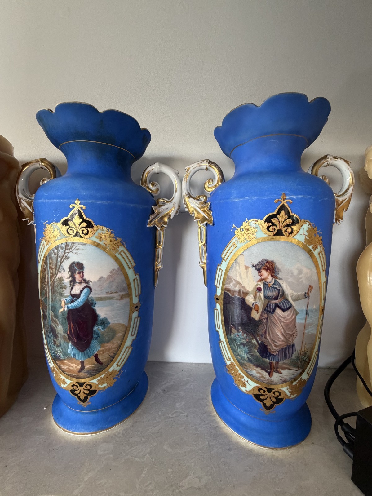Gorgeous Pair of Hand Painted French Porcelain Antique Vases by Old Paris