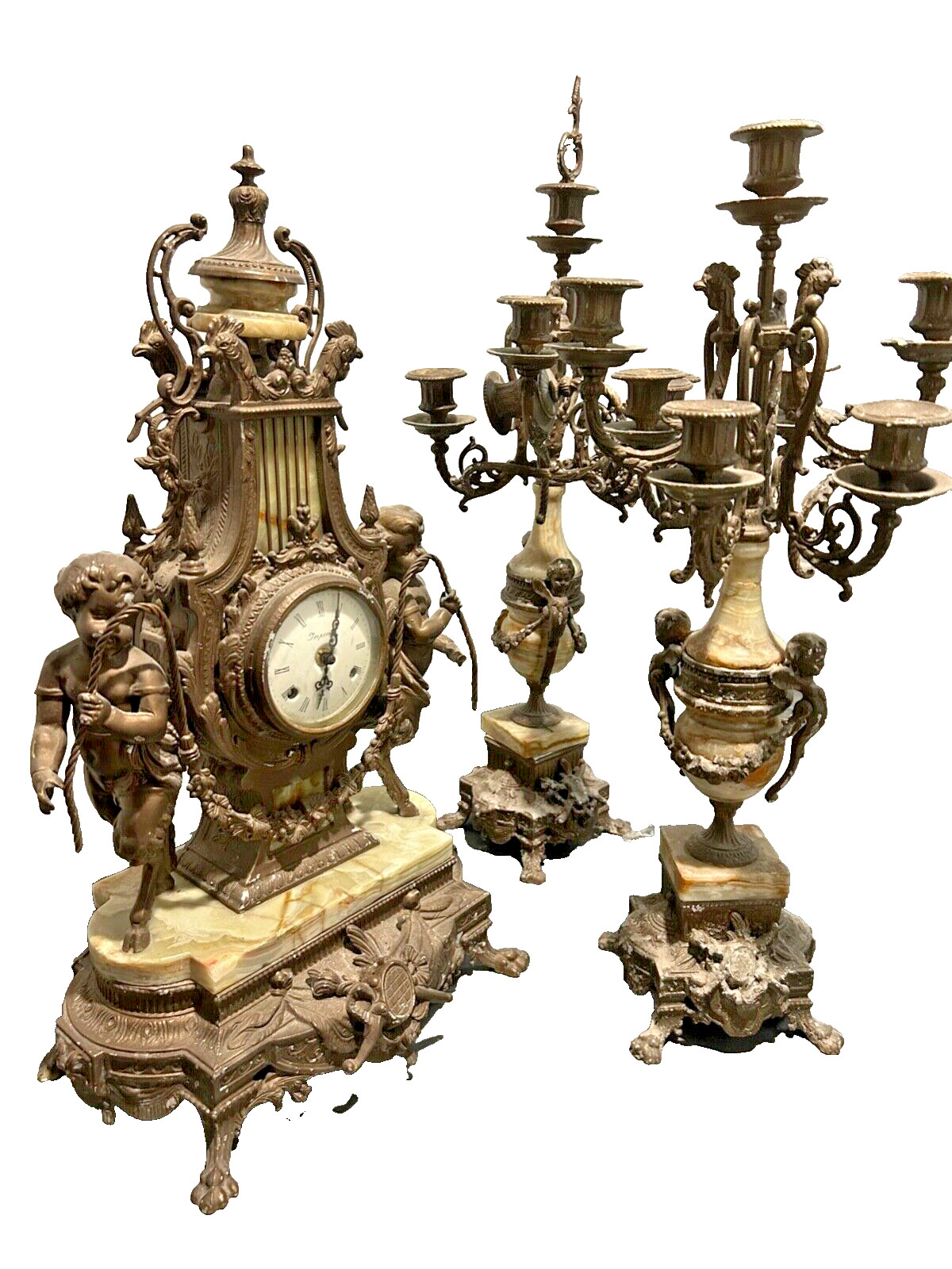 VINTAGE ITALIAN IMPERIAL 3 PIECE BRASS & MARBLE CLOCK & CANDELABRAS VINTAGE ITALIAN IMPERIAL 3 PIECE BRASS & MARBLE CLOCK & CANDELABRAS