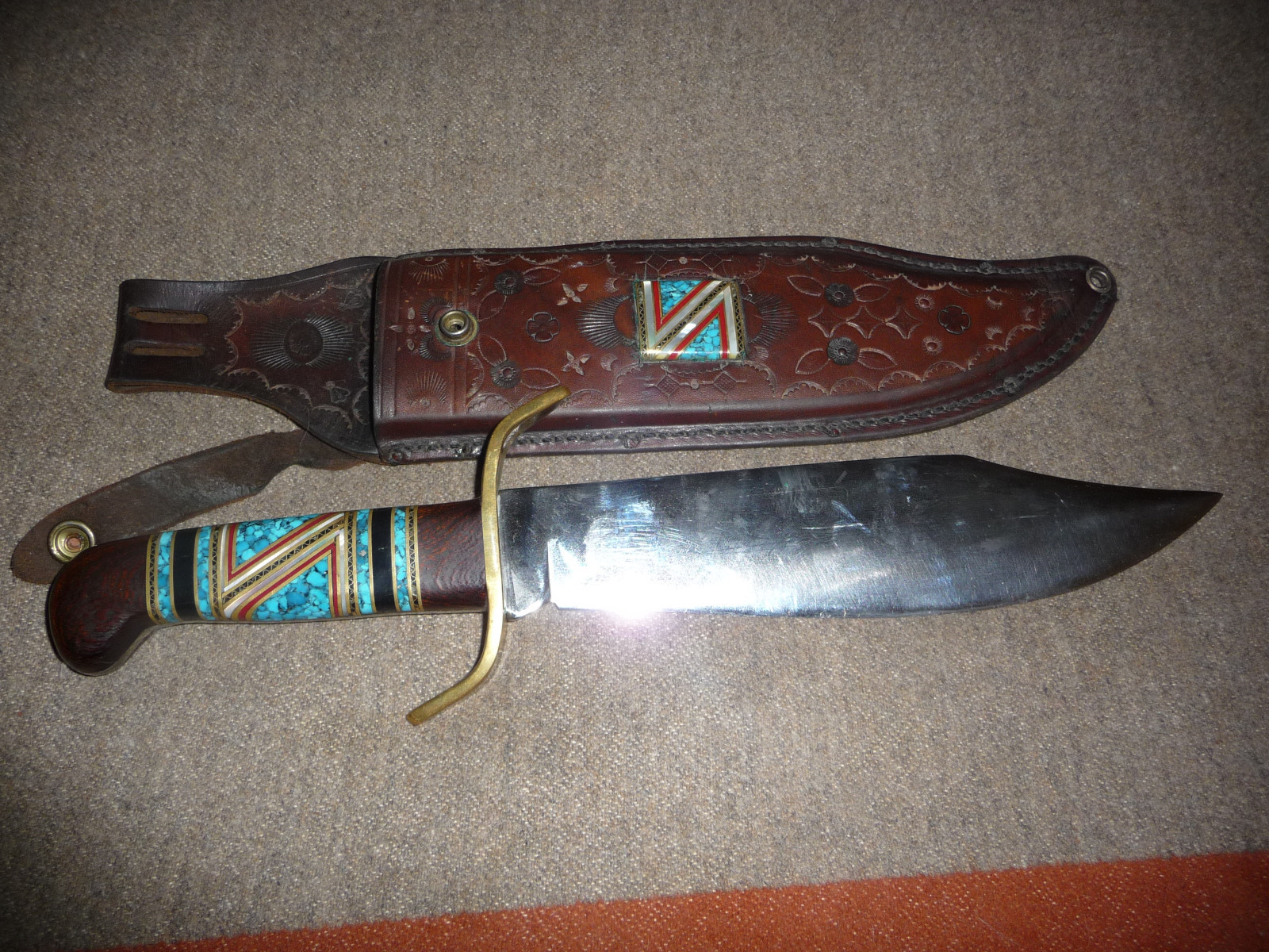  Vintage David Yellowhorse  Multistone Inlay Bowie Knife/Sheath RARE RARE Only 1