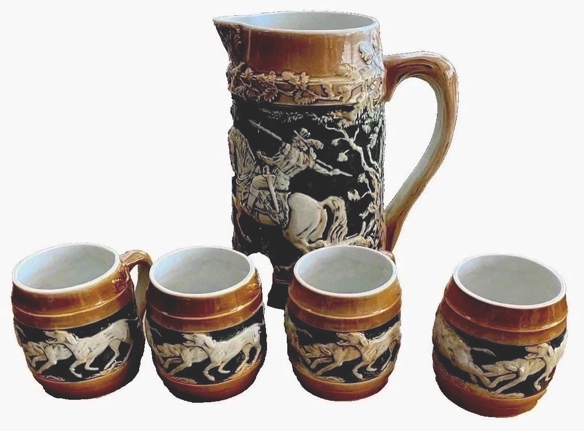Ceramic Pitcher & 4 Mugs 1920s With Raised Hunt Scenes Germany Sitzendorf Ceramic Pitcher & 4 Mugs 1920s With Raised Hunt Scenes Germany Sitzendorf