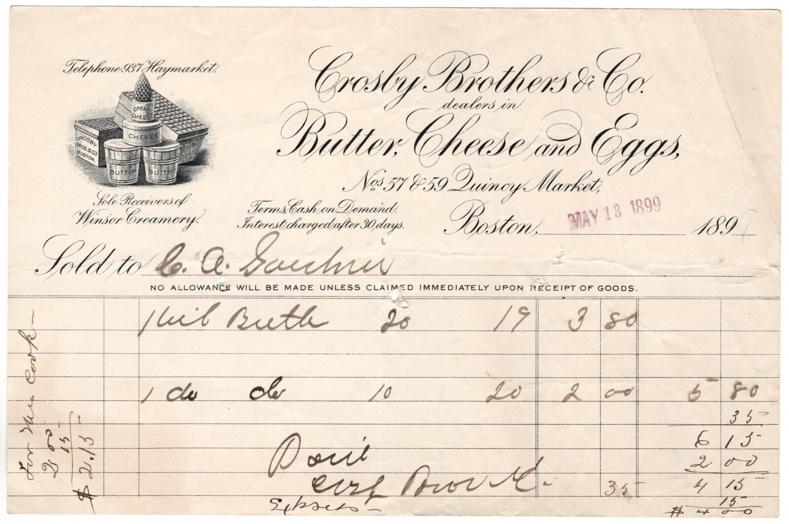 1899 CROSBY BROTHERS BUTTER CHEESE EGGS QUINCY MARKET WINSOR CREAMERY BILLHEAD 1899 CROSBY BROTHERS BUTTER CHEESE EGGS QUINCY MARKET WINSOR CREAMERY BILLHEAD