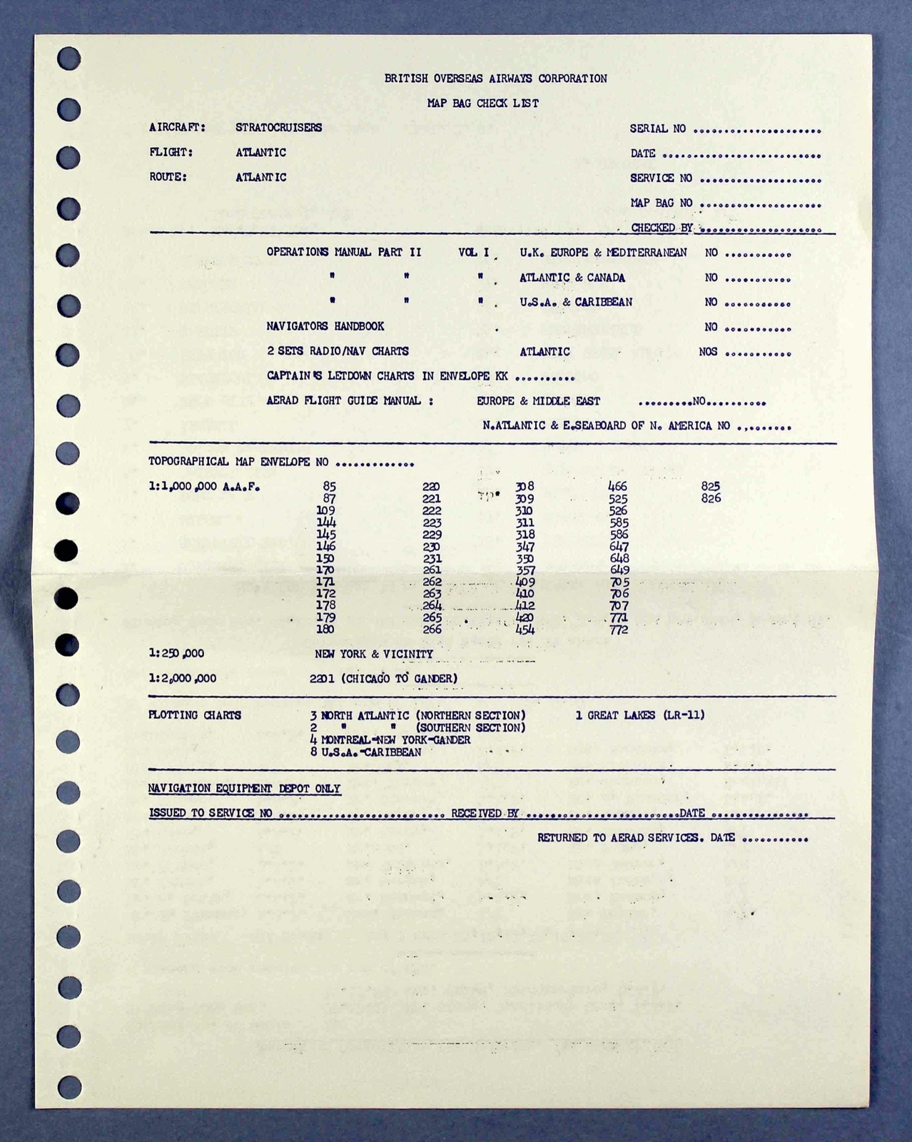 BOAC BOEING STRATOCRUISER MAG BAG CHECK LIST ATLANTIC ROUTE BOAC BOEING STRATOCRUISER MAG BAG CHECK LIST ATLANTIC ROUTE