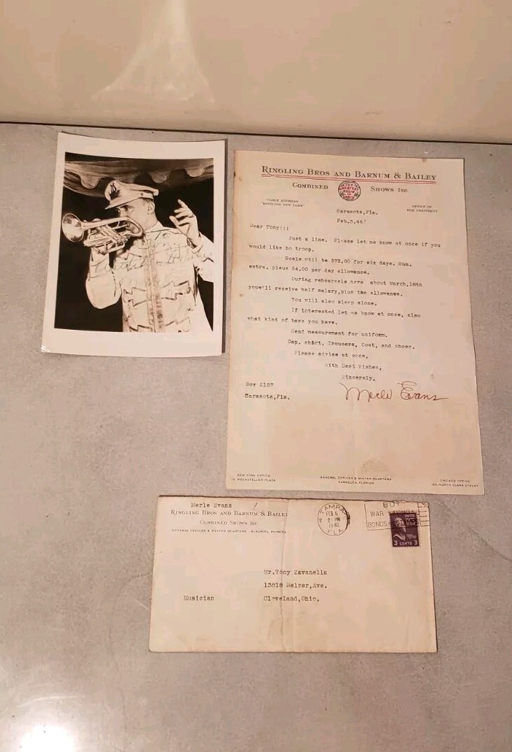 RARE Ringling Bros & Barnum & Bailey Circus 1946 MERLE EVANS signed Letter/Photo RARE Ringling Bros & Barnum & Bailey Circus 1946 MERLE EVANS signed Letter/Photo