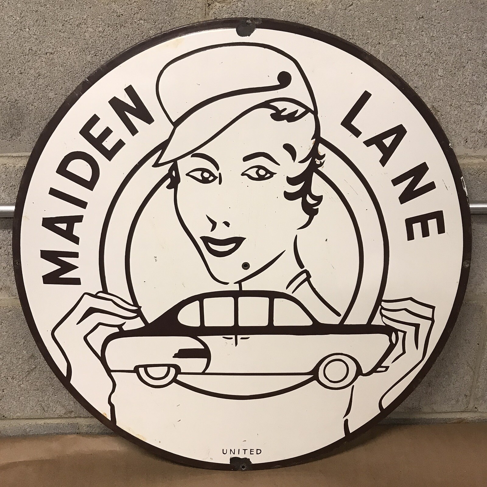 Extremely Rare Vintage MAIDEN LANE 24” Porcelain Single sided Sign gas oil Extremely Rare Vintage MAIDEN LANE 24” Porcelain Single sided Sign gas oil