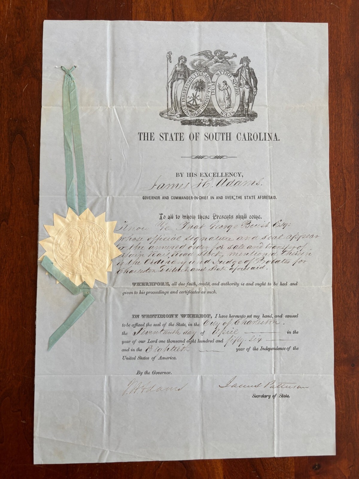 RARE 1856 South Carolina GOVERNOR James Hopkins Adams, Letter re Railroad Stock RARE 1856 South Carolina GOVERNOR James Hopkins Adams, Letter re Railroad Stock