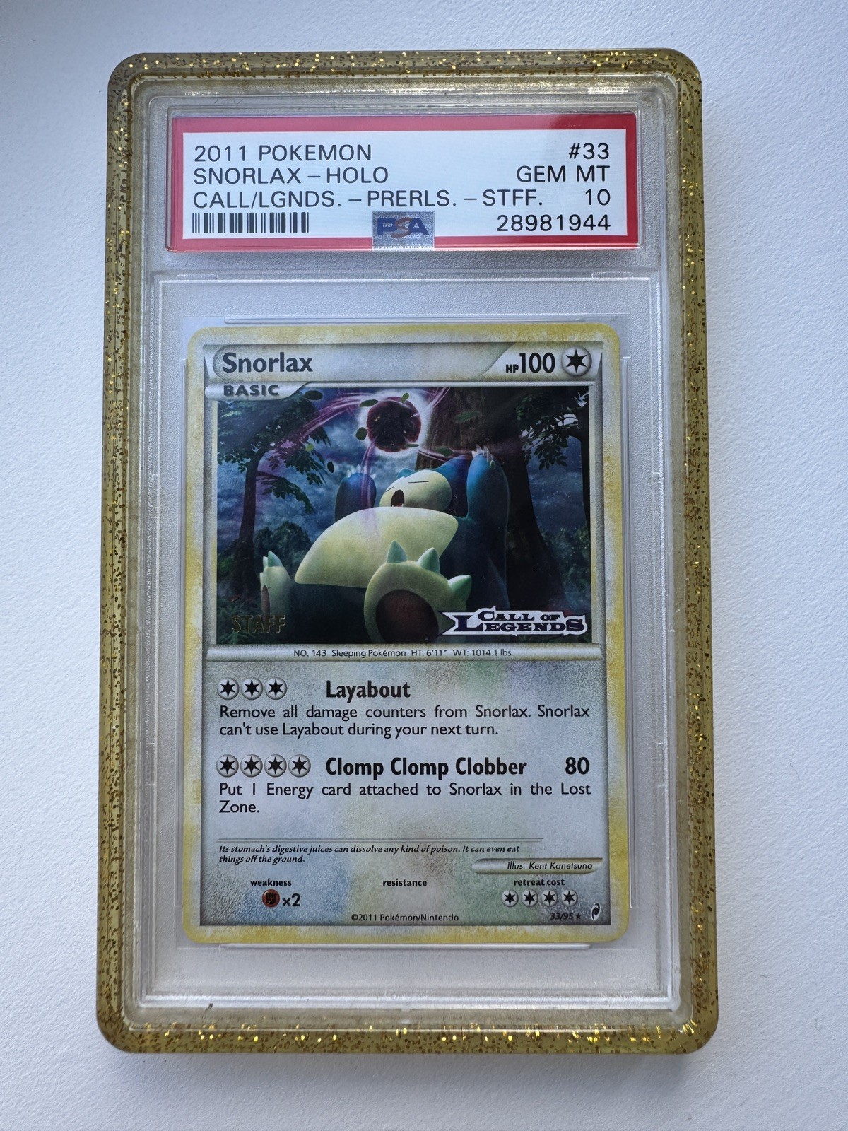 2011 Pokemon Snorlax Holo Call Of Legends Prerelease STAFF #33 PSA 10 | POP 23