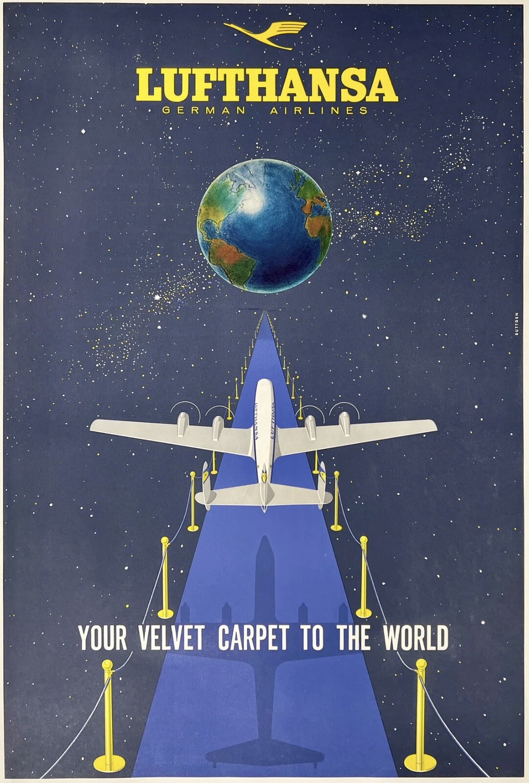 Original Vintage Poster LUFTHANSA VELVET CARPET TO THE WORLD Airline Travel OL