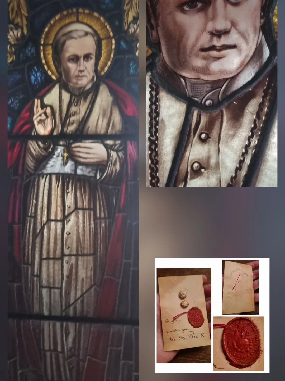 Stunning Old S PIO X vitraux Window 170 Cm x 50 Cm + Holy Relic Card Buttons 