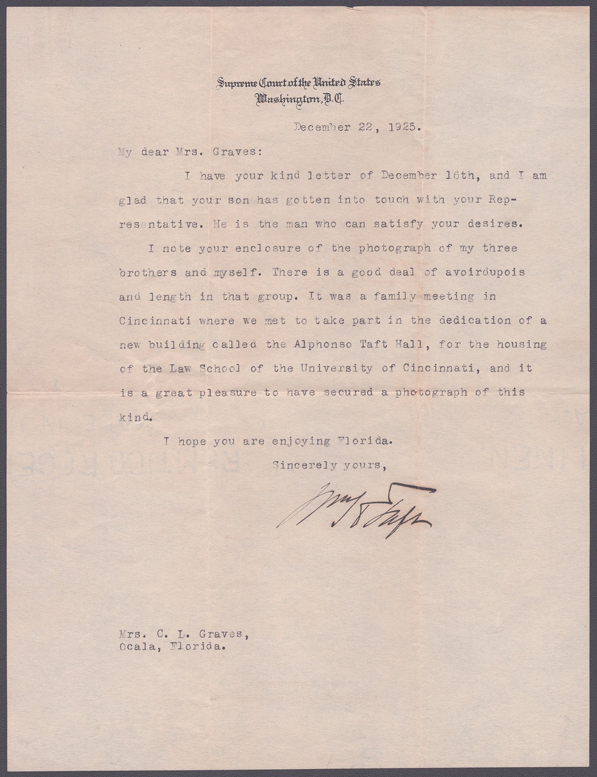 WILLIAM H. TAFT - TYPED LETTER SIGNED 12/22/1925 WILLIAM H. TAFT - TYPED LETTER SIGNED 12/22/1925