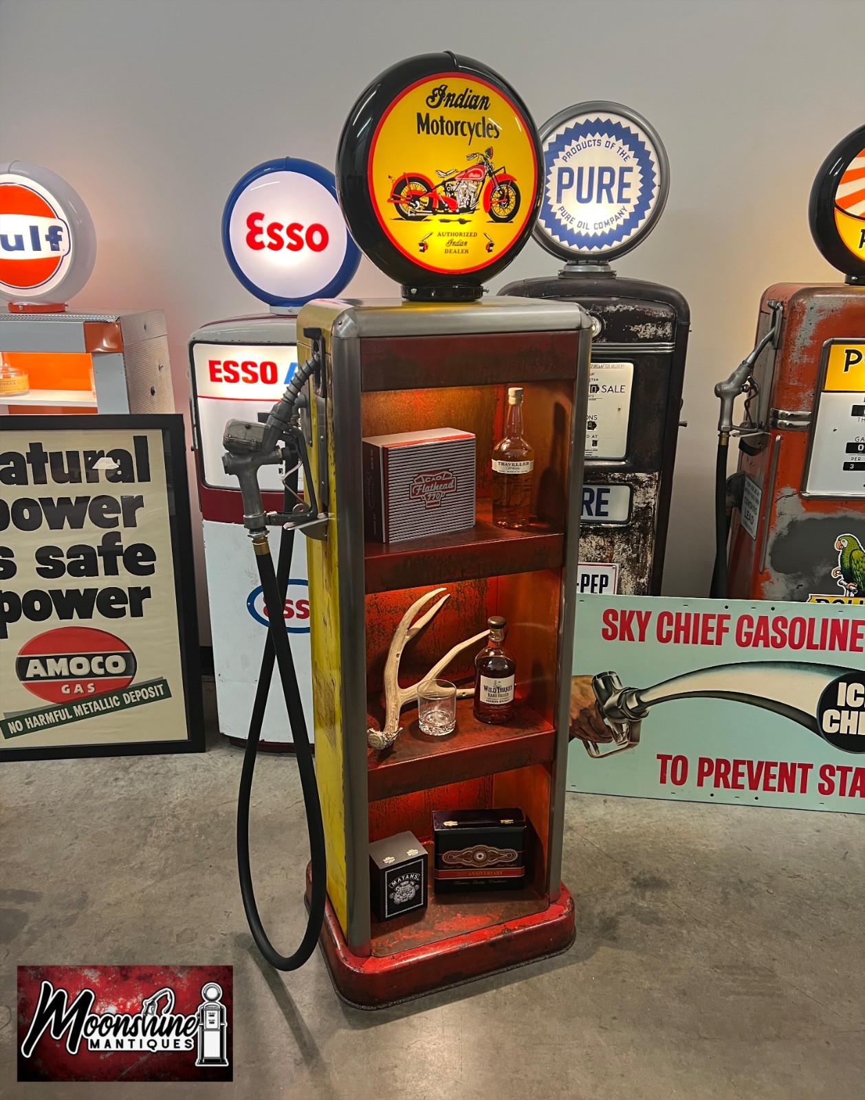 Rustoration 1940’s INDIAN MOTORCYCLES Bowser Gas Pump w/ Shelves - Mancave Decor Rustoration 1940’s INDIAN MOTORCYCLES Bowser Gas Pump w/ Shelves - Mancave Decor