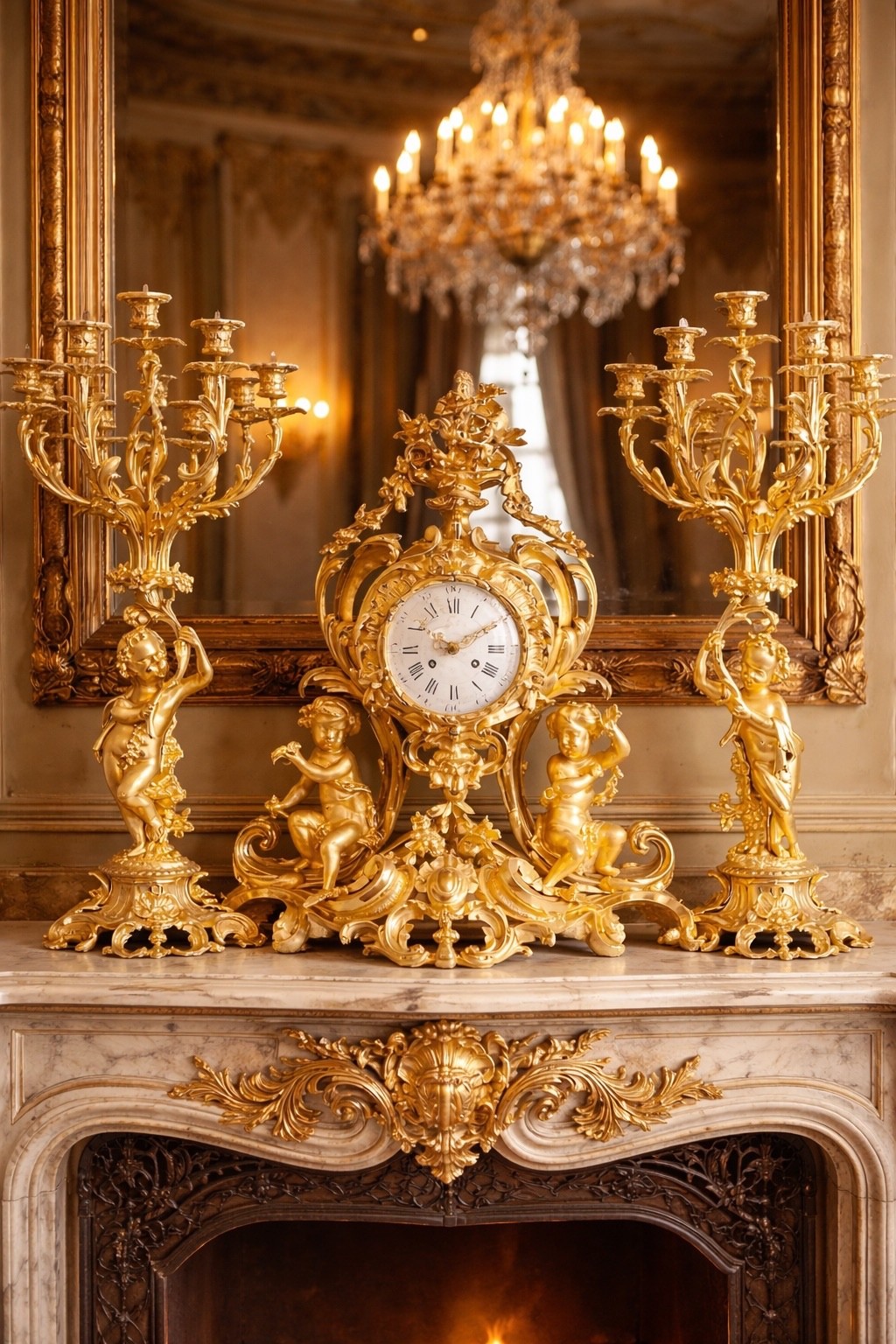 Clock Set 1840s French Louis XV Ormolu Bronze Cherub Candelabras Antique 3Pcs