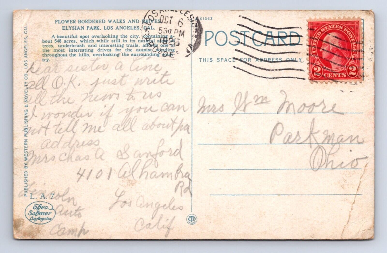 1925 VINTAGE EUYSIAN PARK LOS ANGELES 2 CENT STAMP California CA postcard AB 1925 VINTAGE EUYSIAN PARK LOS ANGELES 2 CENT STAMP California CA postcard AB