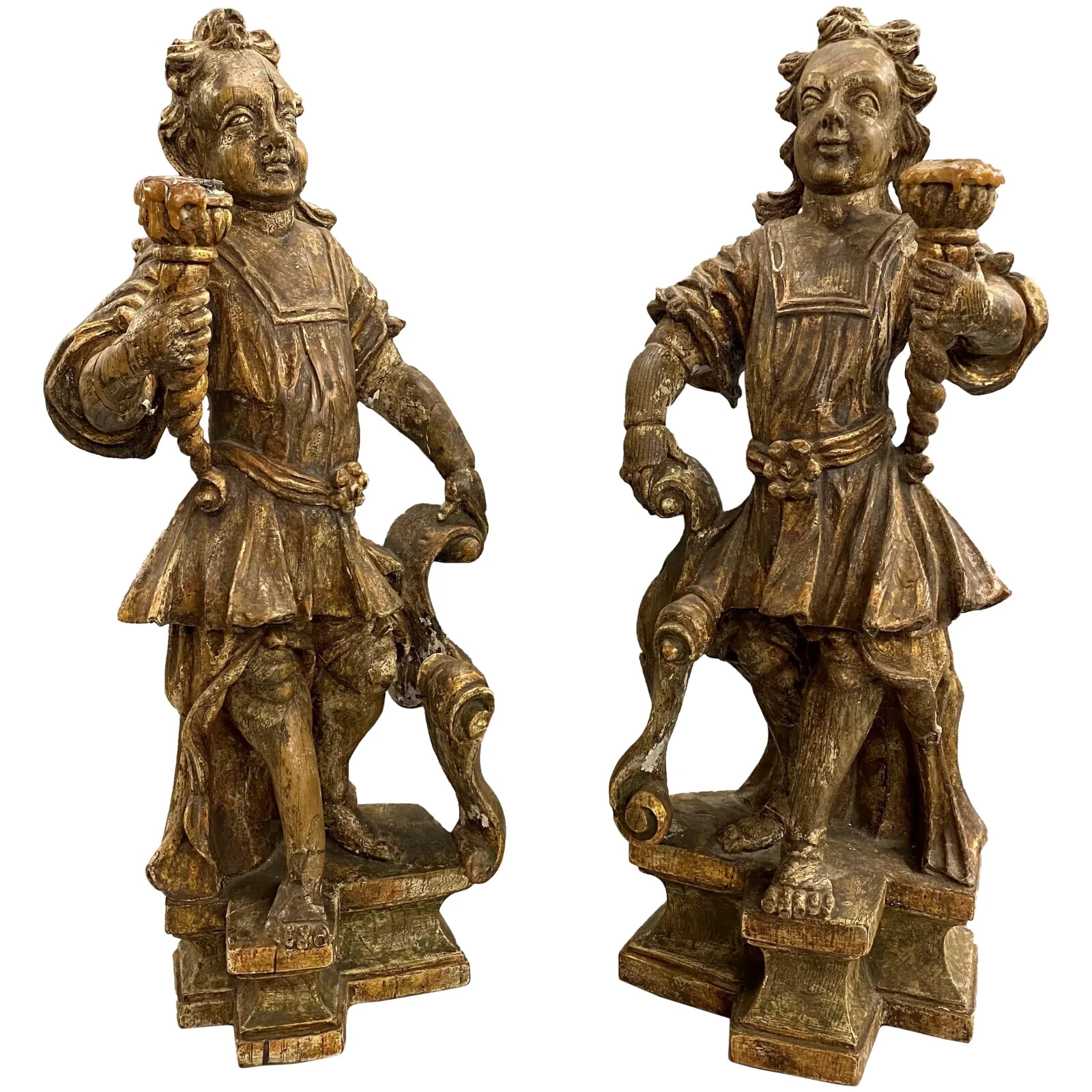 Pair of 18th Century Continental Figural Carved Polychrome & Gilt Candle Holders Pair of 18th Century Continental Figural Carved Polychrome & Gilt Candle Holders