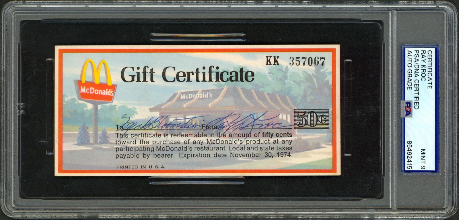 Ray Kroc McDonald's Signed 2.75x6 50 Cent 1974 Gift Certificate Auto 9 PSA Slab