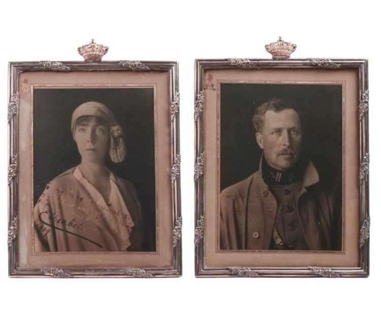 Royal Portraits of King Albert I & Queen Elisabeth In Silver Frames Inscribed