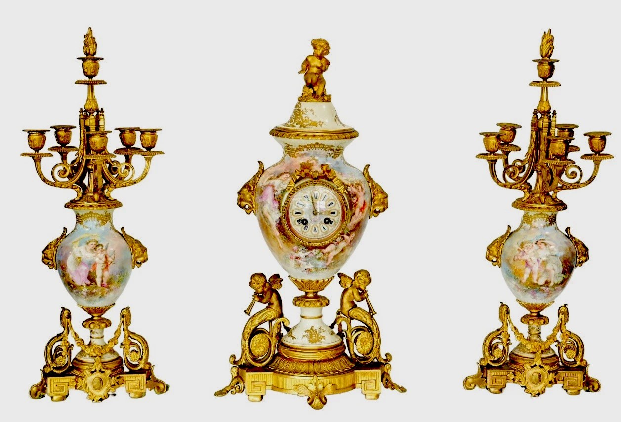 Exceptional Quality ￼Antique Tiffany & Co Porcelain & Bronze 3 Piece Clock Set