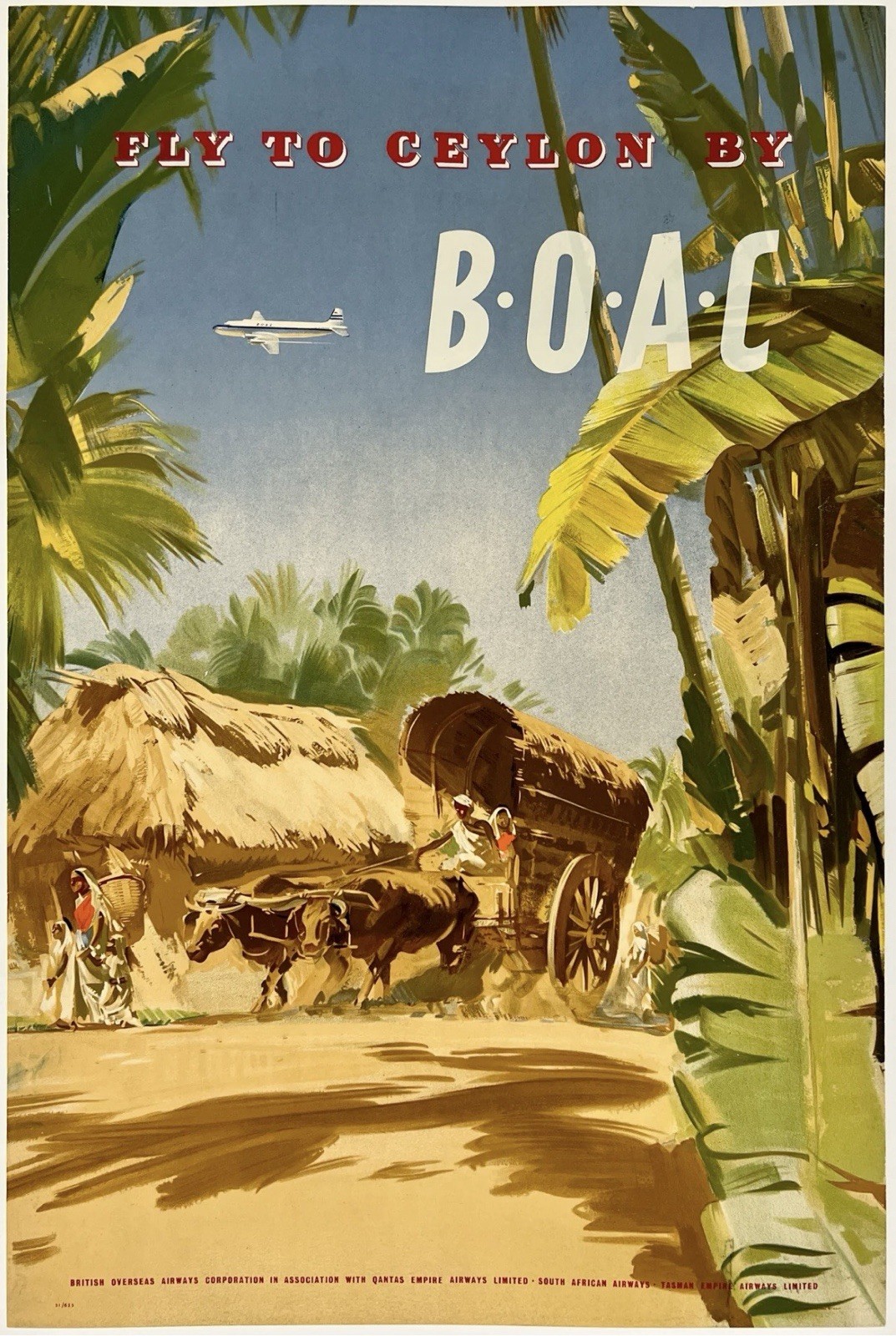 Original Vintage Poster FLY TO CEYLON BY BOAC Airline Travel SRI LANKA Linen