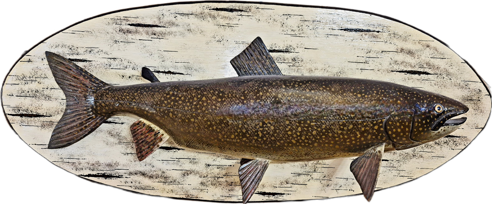 Hand-Carved Lake Trout w/ painted bark plaque by Lawrence Irving Hand-Carved Lake Trout w/ painted bark plaque by Lawrence Irving
