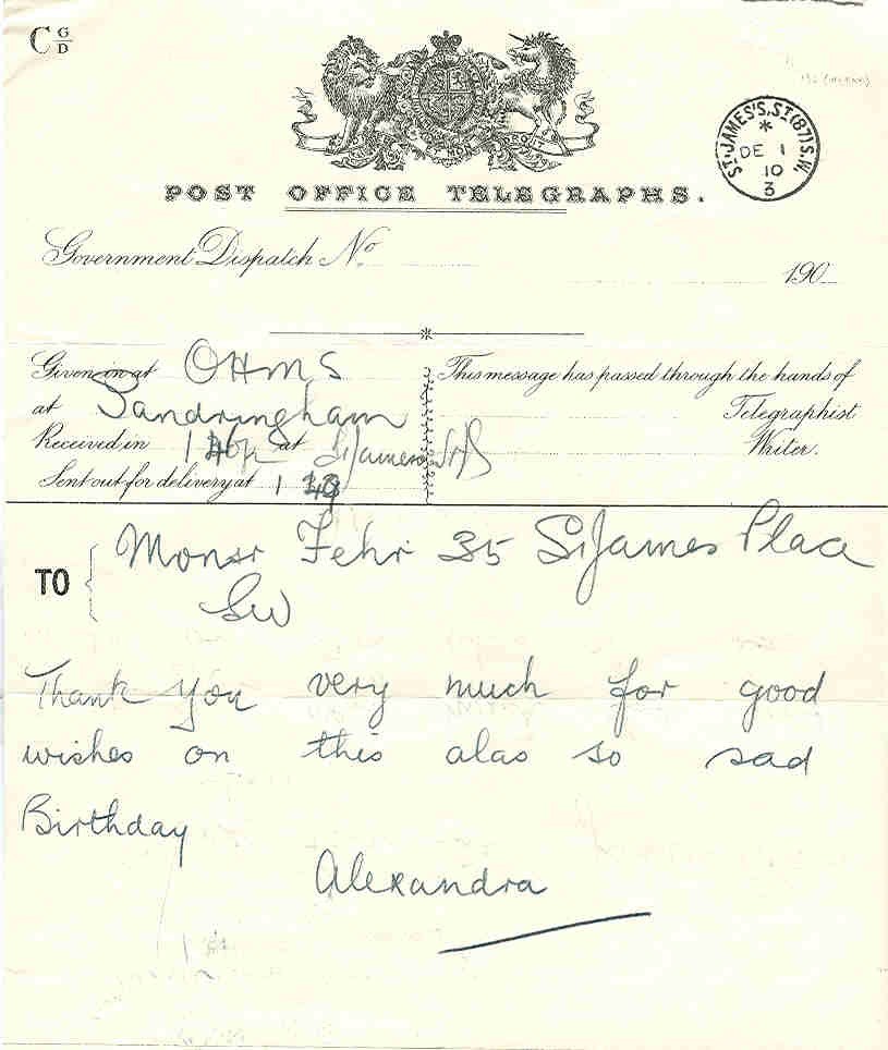 GB ROYALTY/1910/HM QUEEN ALEXANDRA/TELEGRAM GB ROYALTY/1910/HM QUEEN ALEXANDRA/TELEGRAM