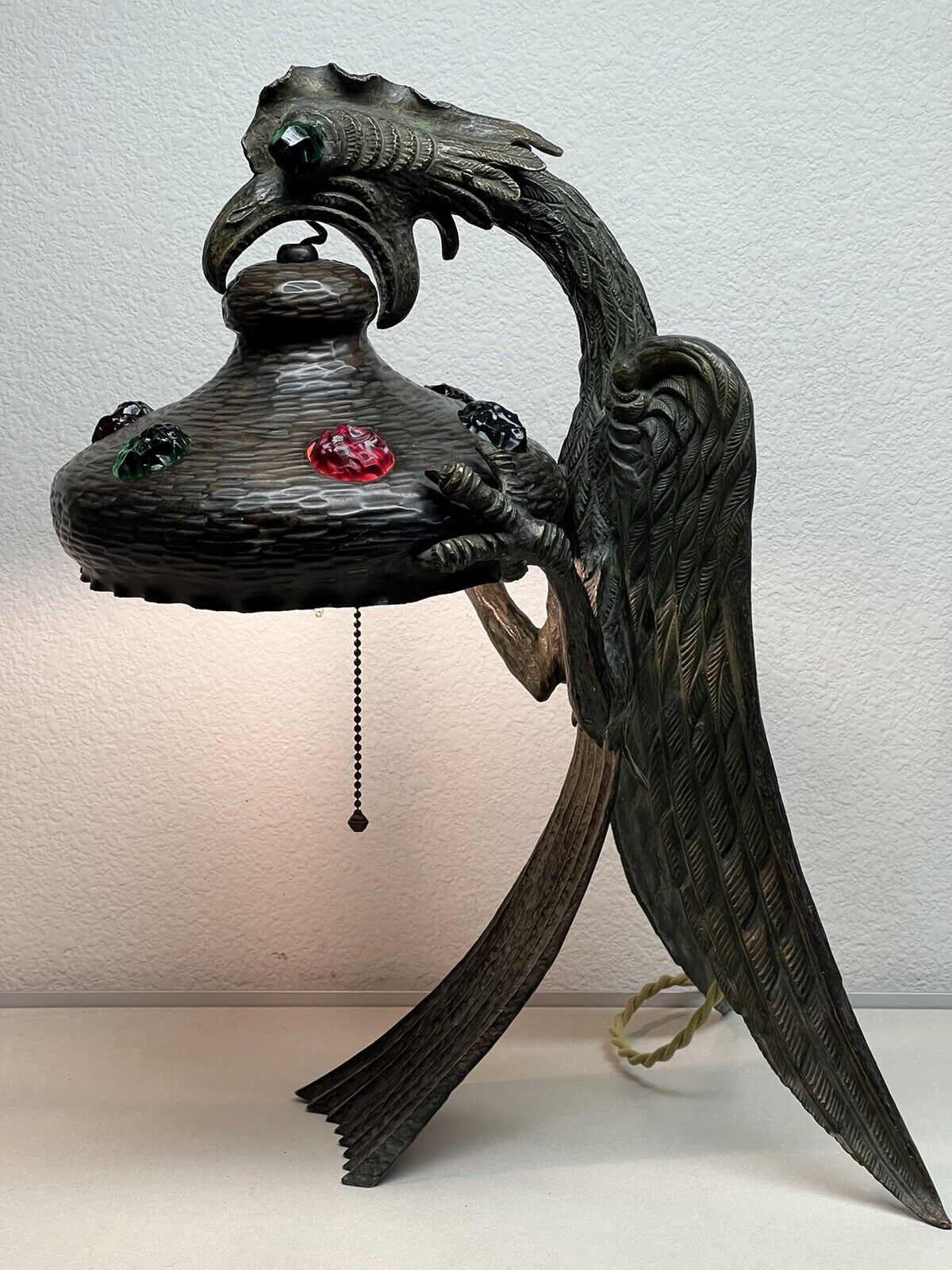 ANTIQUE ART NOUVEAU JEWELLED CHUNK GLASS AUSTRIAN BRONZE GRIFFON DRAGON LAMP 