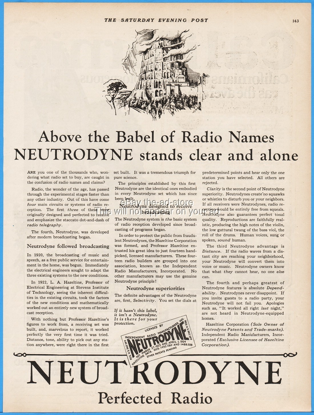 1925 Neutrodyne Radio Hazeltine Corp Stevens Institute of Technology Babel Ad