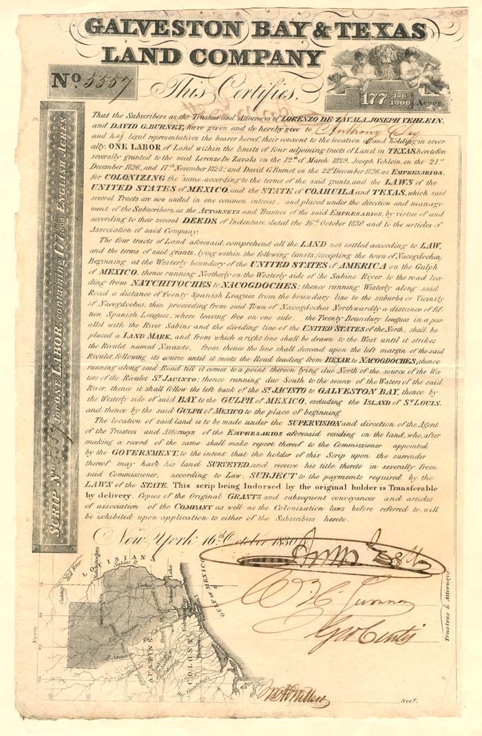 Galveston Bay and Texas Land Co. - 1830 dated Texas Bond - Texas Stocks and Bo Galveston Bay and Texas Land Co. - 1830 dated Texas Bond - Texas Stocks and Bo